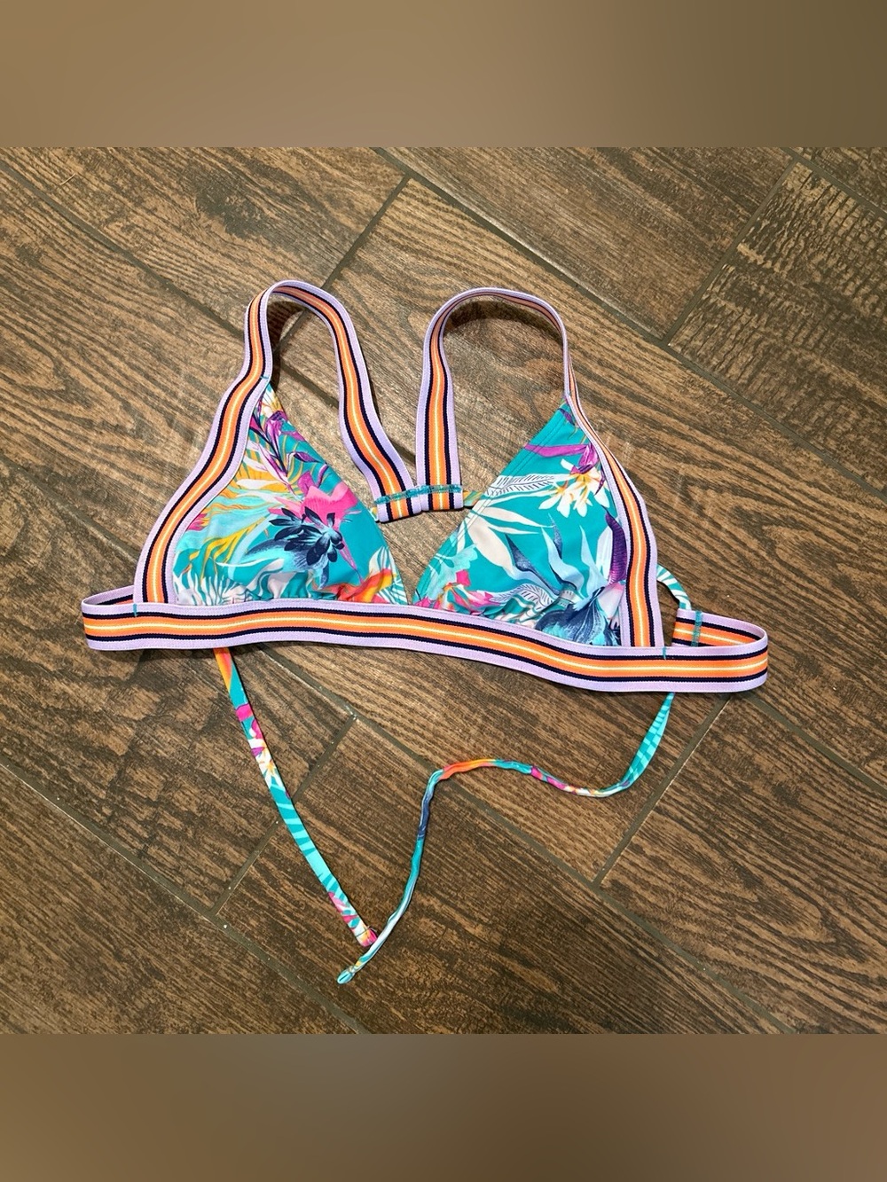 Xhilaration Teal Floral Triangle Bikini Top with Multicolor Striped Trim